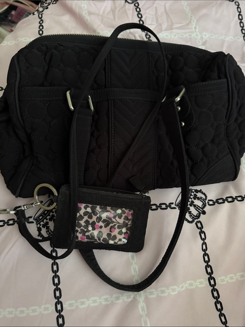 Vera Bradley Black Quilted Satchel with Floral Lining and lanyard